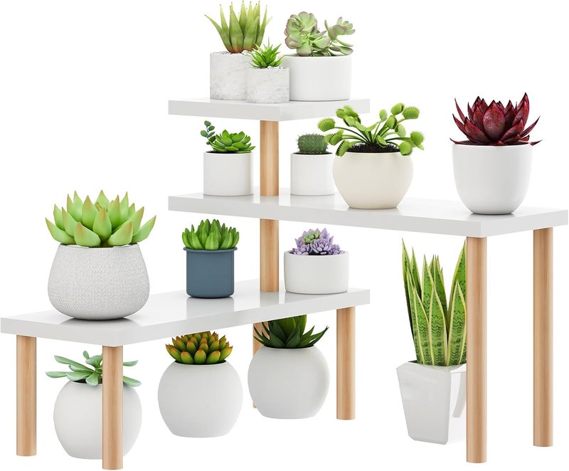 OcBuct Small Plant Stand Shelf ,3 Tiers Wood Long Desktop Flower Pot Holder Racks for Window Sill,Table ,Countertop Organizer Display Stand Shelves (Angle Adjustable,White) - Image 1